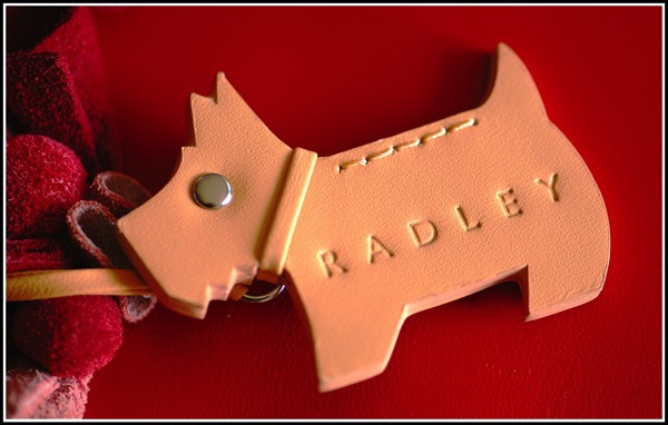 A photo of the radley dog tleather tay lay on top of a bright red handbag