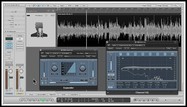A screenshot of a interview i'm working on in Logic Pro, with the Channel EQ & Expander plugin's visible