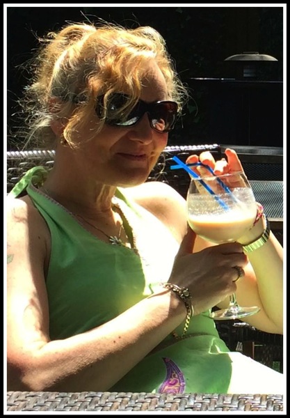 Sarah relaxing in the garden of Sicily restaurant