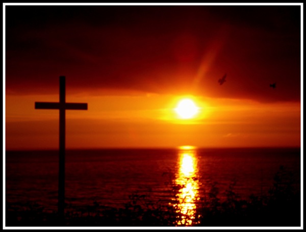 photo of a sunset streaking down the centre with a cross on the left and a bird flying on the right