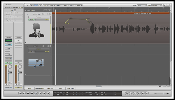 A screenshot of logic pro of an audio track being boosted using the Automation Tool
