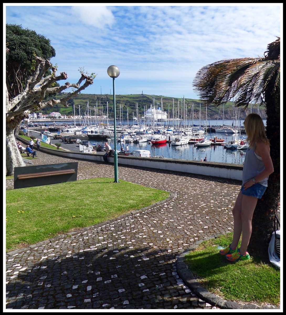 Sarah leaning on a palm tree on the right with the Horta marina and bay filling the rest of the image