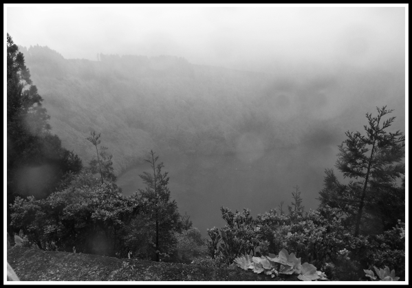A landscape covered in rain, fog and mist