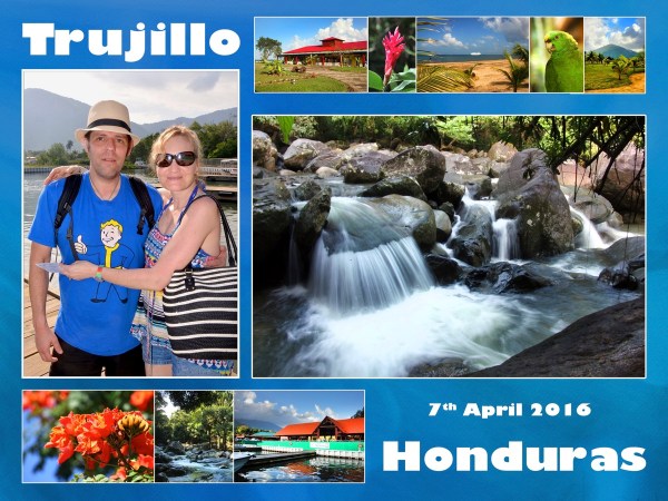 A postcard of me and sarah with lots of little photos of Trujillo surrounding us in a blue postcard