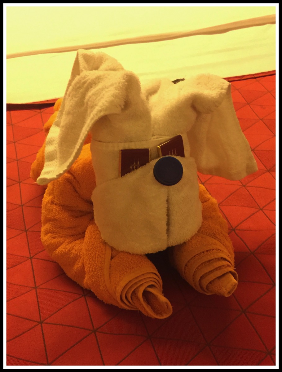 A towel folded into a puppy dog with chocolates as his eyes