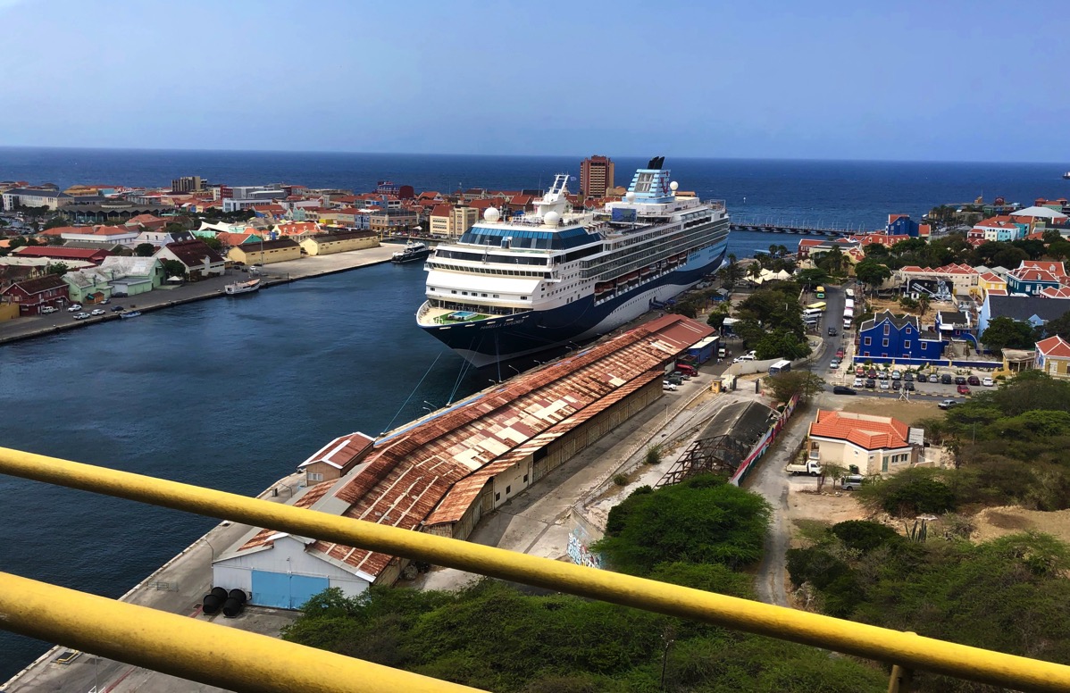 Our ship in the dock looking down from the bridge with the surrounding town