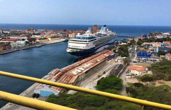 Our ship in the dock looking down from the bridge with the surrounding town