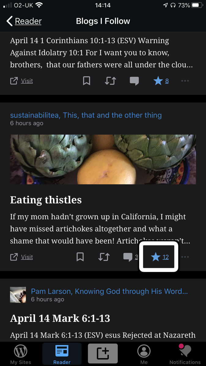 A screenshot of my wordpress app open on the reader feed and my voiceover cursor on the like button of a post