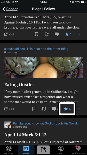 A screenshot of my wordpress app open on the reader feed and my voiceover cursor on the like button of a post