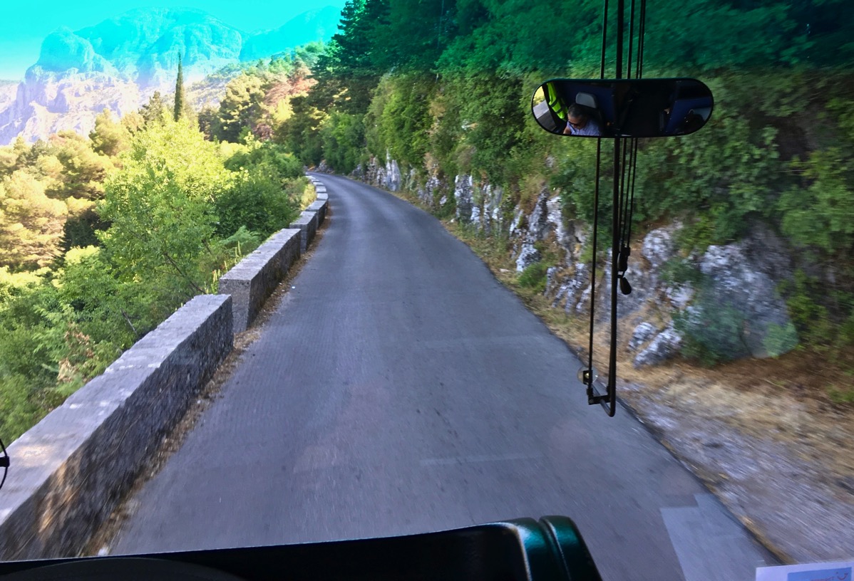 A photo of the narrow road taken from our front seats on the coach