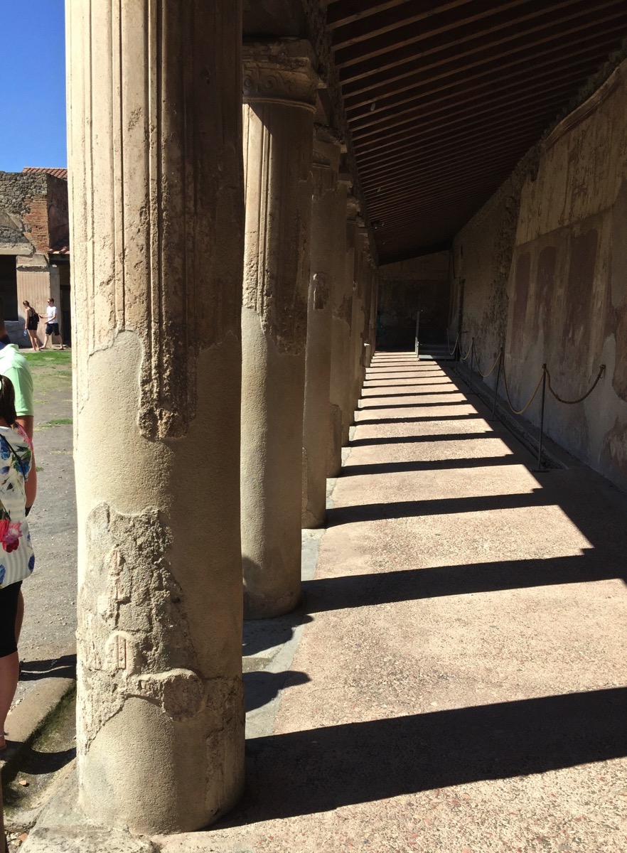 A row of clumns on the left and a narrow path leading straight forward