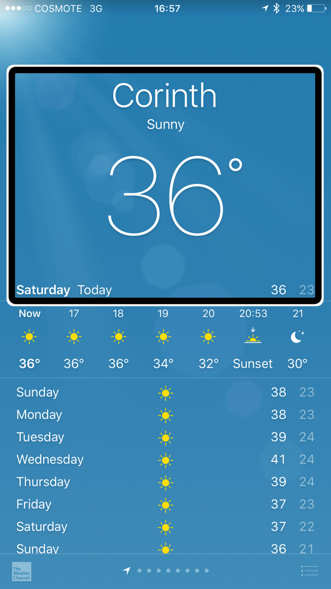 iPhone weather app showing Corinth at 36° and sunny