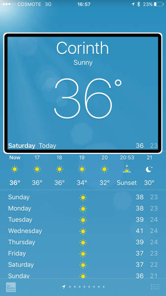 iPhone weather app showing Corinth at 36° and sunny