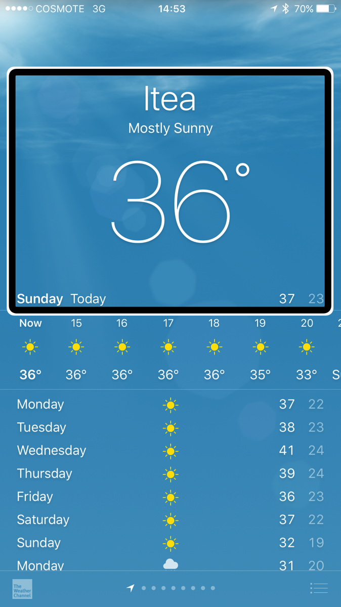 iPhone weather app showing Itea, Greece at 36°C