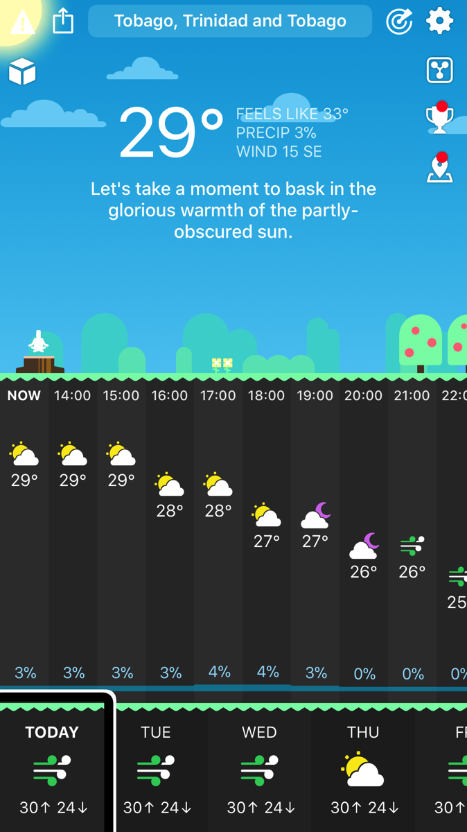 iPhone app showing Tobago at 29˚C