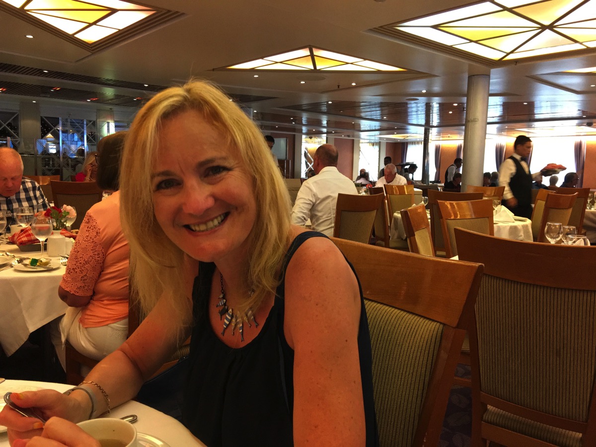 Lovely wife Sarah whilst having our last evening meal on the ship
