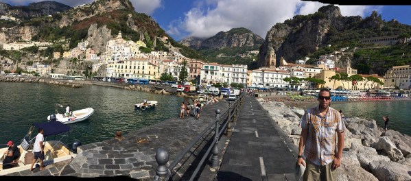 Sarah panorama of the Amalfi sea, road and mountains in the background