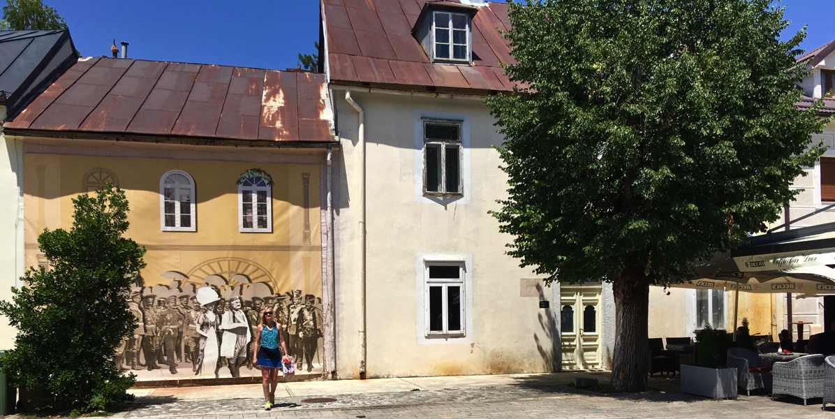 Sarah stood in the bottom left of the shot of the old house fills the rest of the shot with a tree on the right