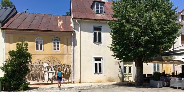 Sarah stood in the bottom left of the shot of the old house fills the rest of the shot with a tree on the right
