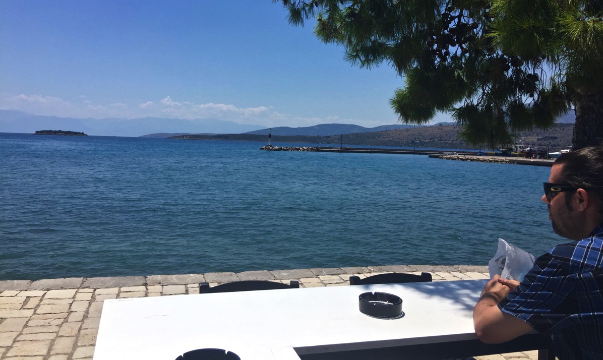The view of the sea and dock from the coffee shop seating area...I am right in the bottom right hand corner of the shot