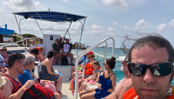 Me bottom right with a view over the little boat filled with our group