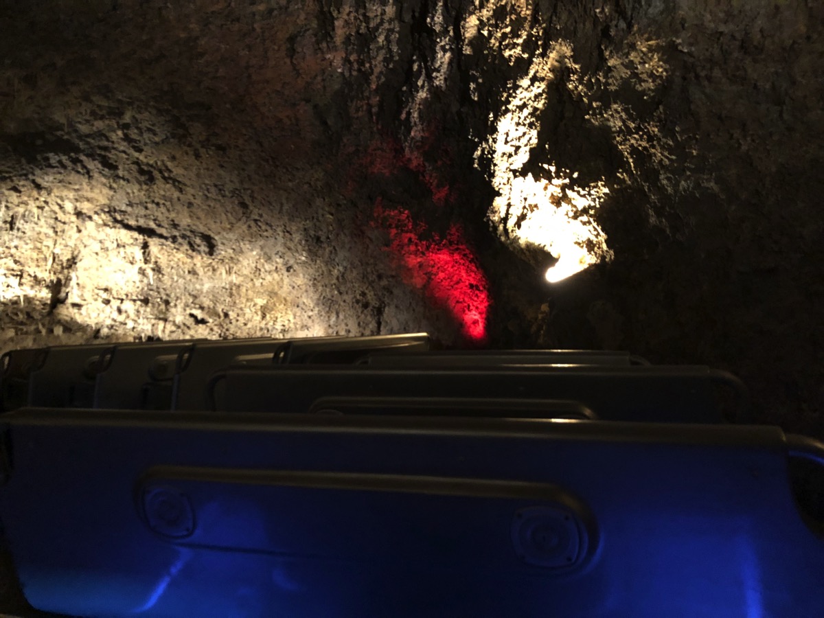 view of Harrison's cave in the dark with mood lighting