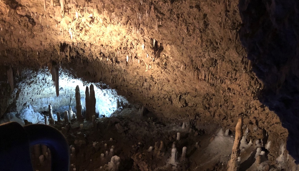 view of Harrison's cave in the dark with mood lighting