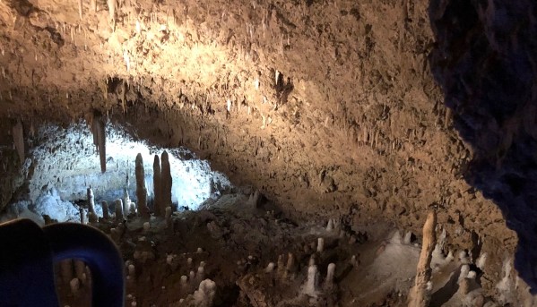 view of Harrison's cave in the dark with mood lighting