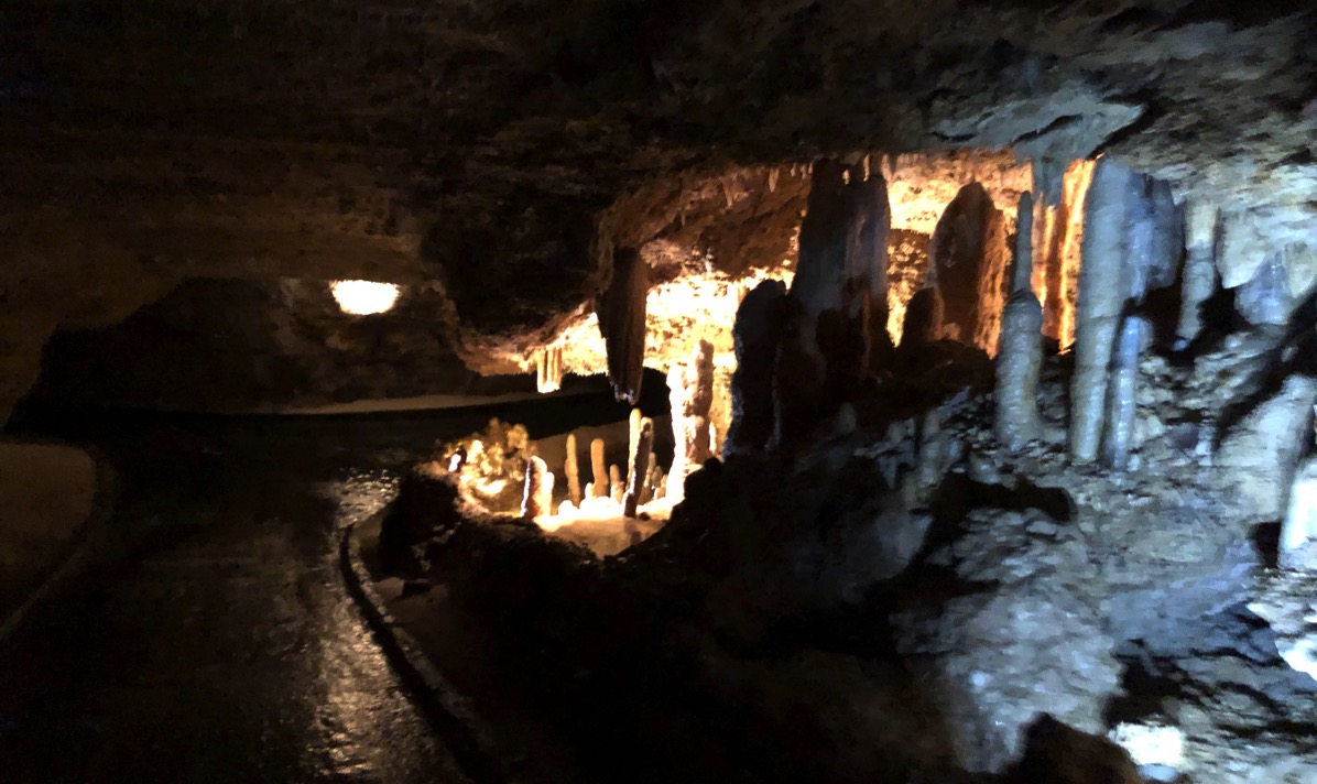 view of Harrison's cave in the dark with mood lighting
