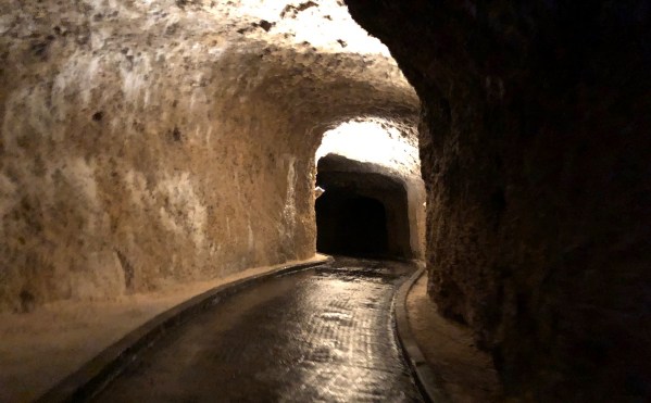 view of Harrison's cave in the dark with mood lighting