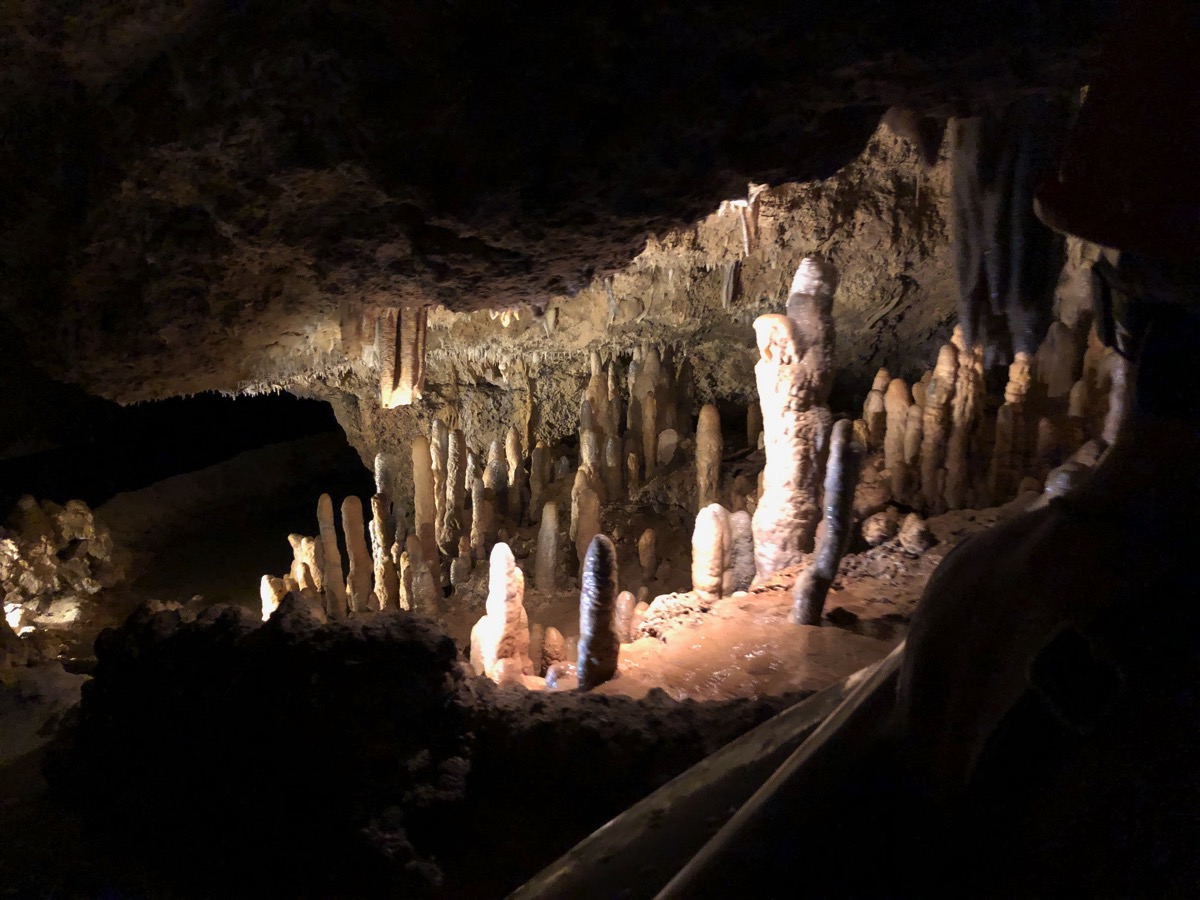 Harrison's cave in the dark with the lighting and running water