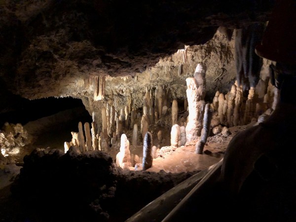 Harrison's cave in the dark with the lighting and running water