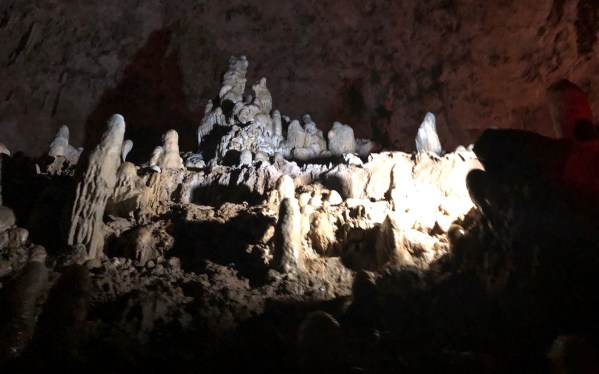 view of Harrison's cave in the dark with mood lighting