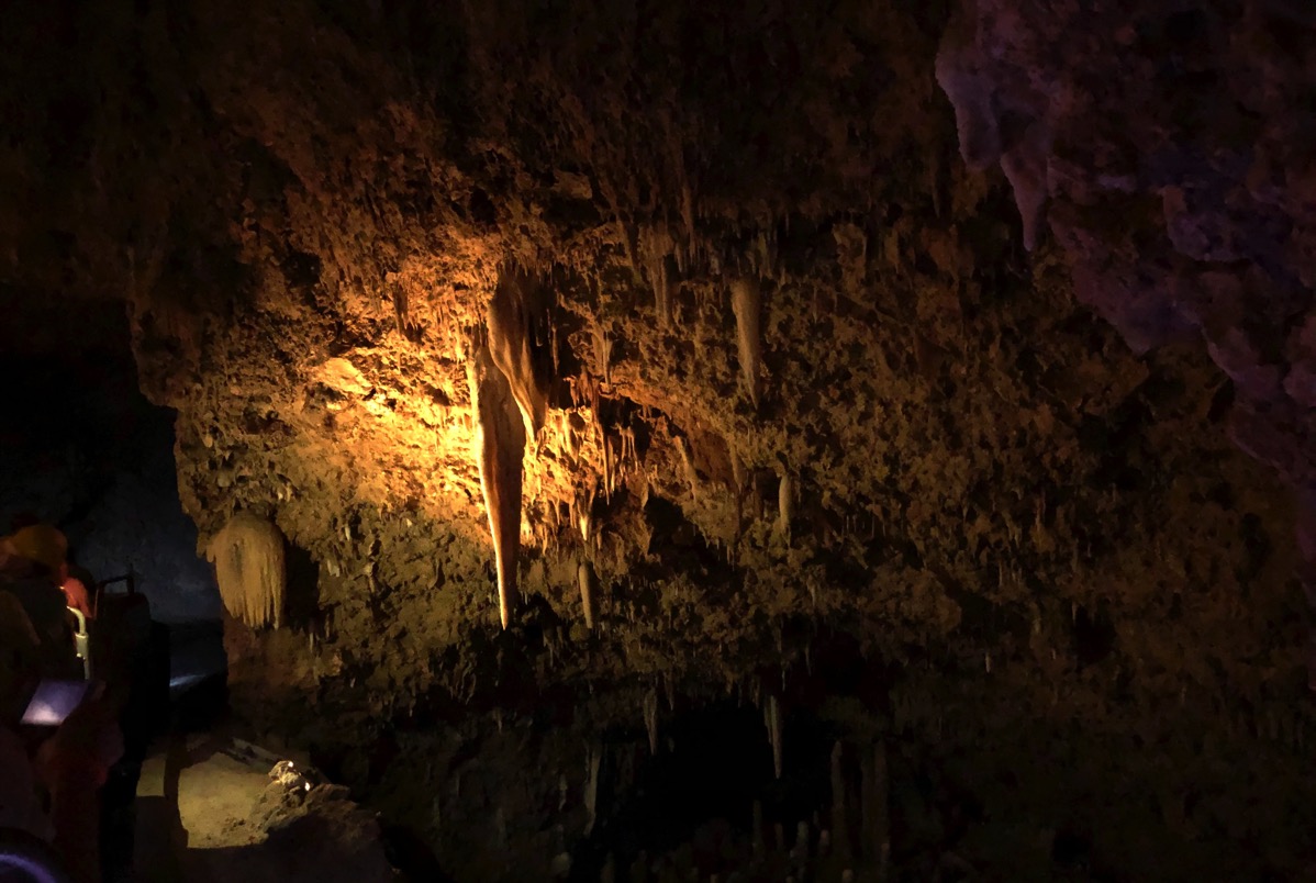 view of Harrison's cave in the dark with mood lighting