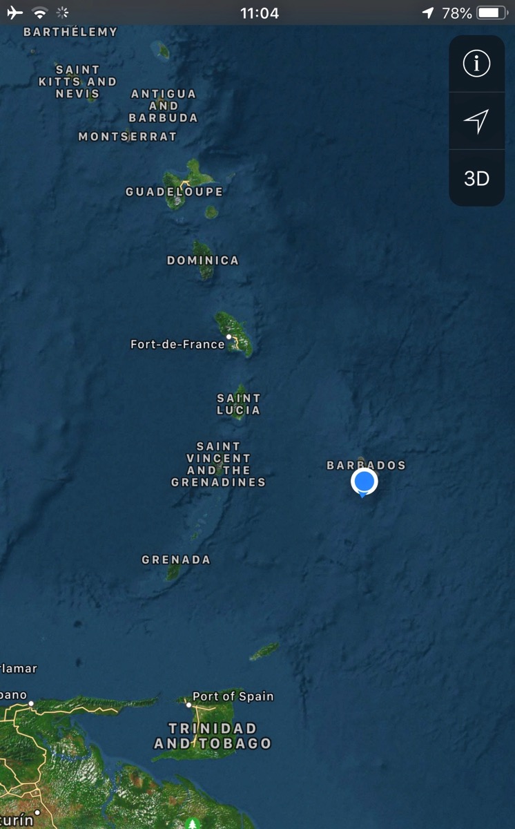 map of the Caribbean islands with the blue GPS marker on Barbados