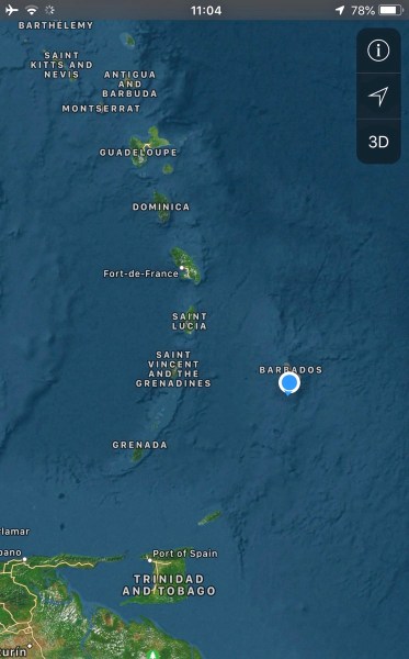 map of the Caribbean islands with the blue GPS marker on Barbados