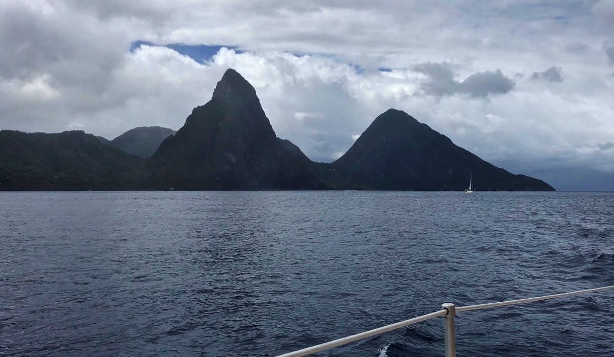 view of the Pitons from our boat