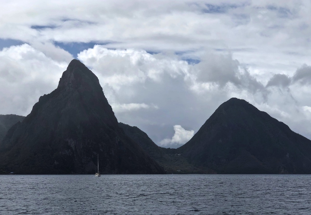 view of the Pitons from our boat