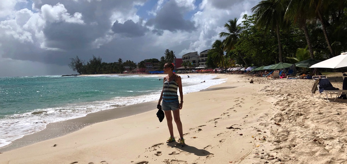 Sarah stood on Dover beach in Barbados
