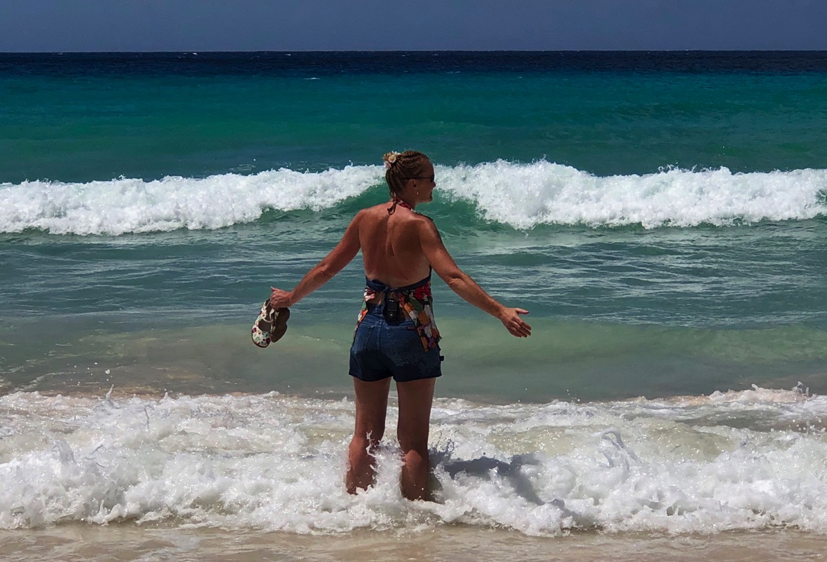 Sarah on Dover beach in Barbados