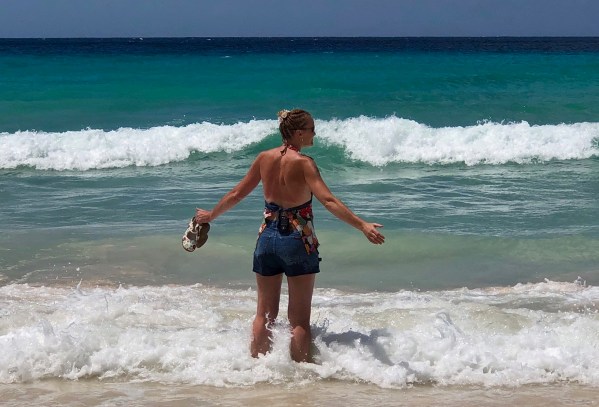 Sarah on Dover beach in Barbados