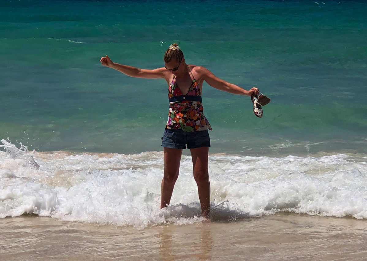 Sarah on Dover beach in Barbados