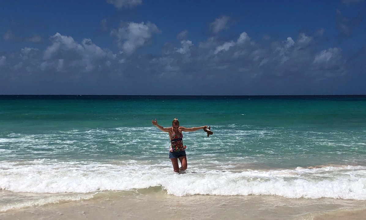 Sarah on Dover beach in Barbados