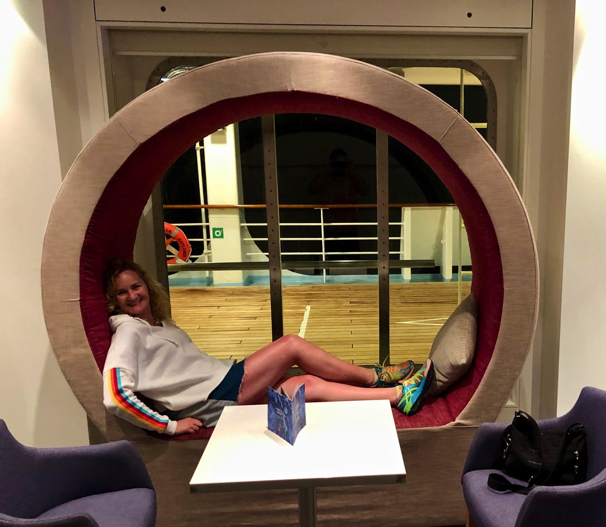Sarah relaxing on a cool circle seat thingy