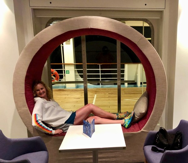 Sarah relaxing on a cool circle seat thingy