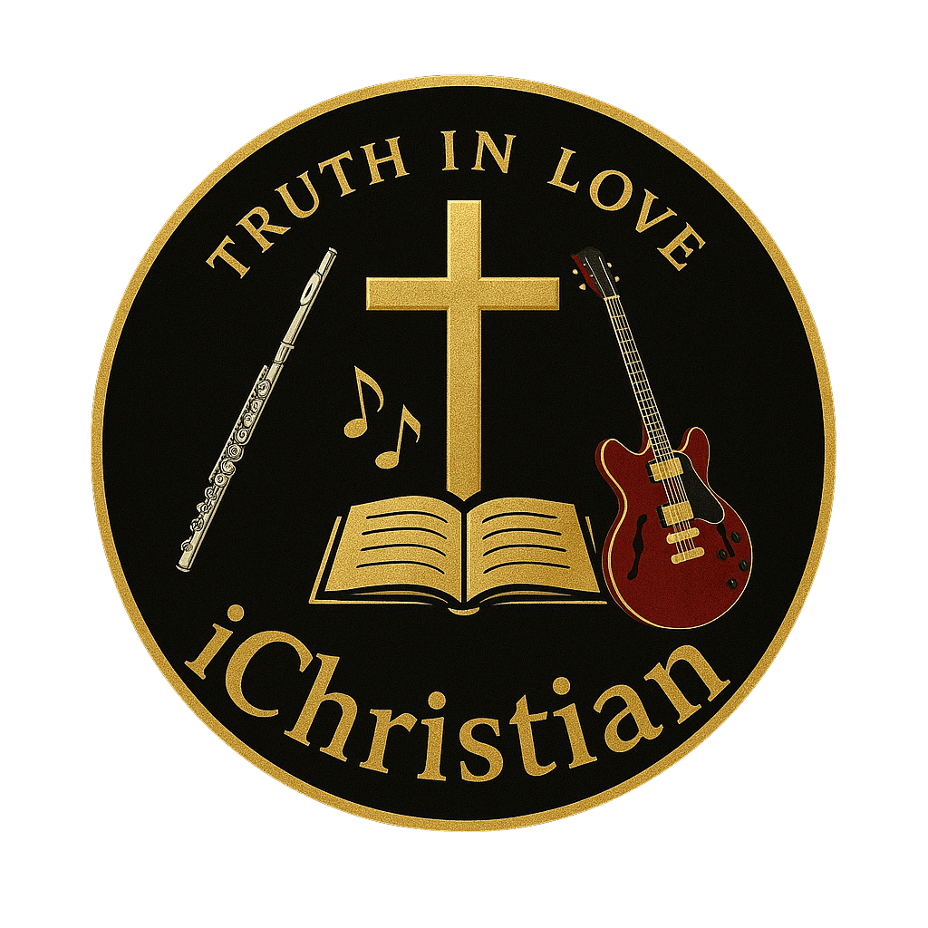 A logo for 'iChristian' featuring a cross, an open book, a guitar, a flute, and musical notes, with the text 'TRUTH IN LOVE' and 'iChristian' at the bottom.