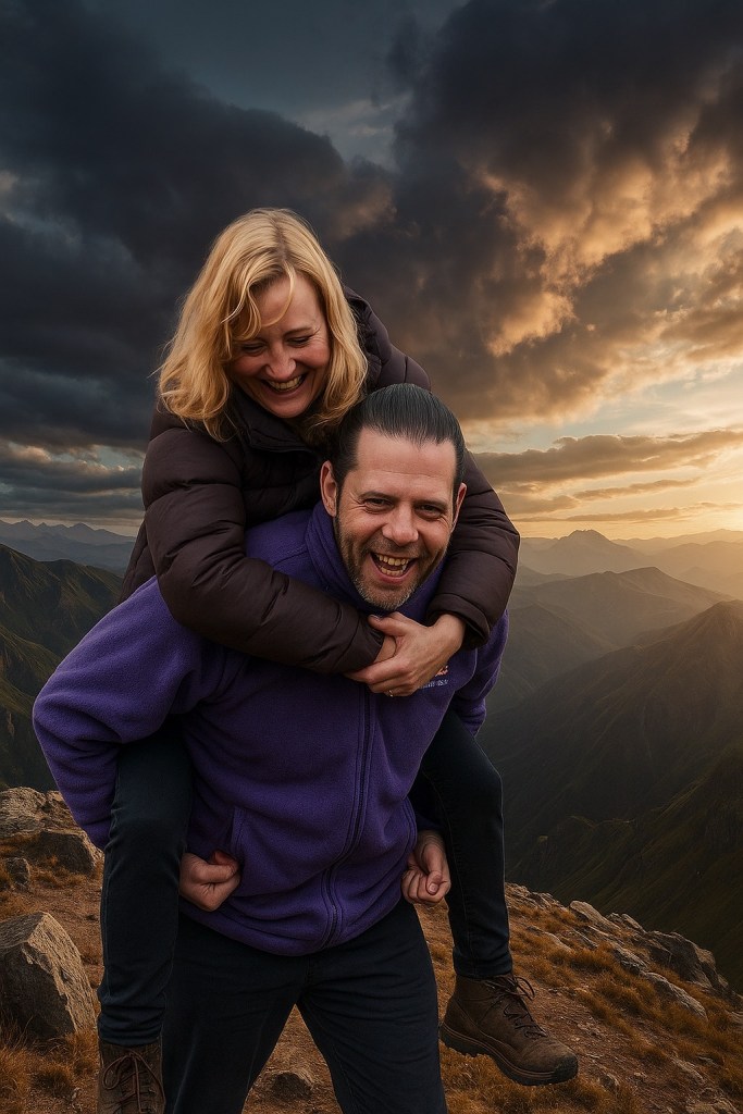 A joyful couple sharing a playful moment outdoors, with the woman riding piggyback on the man, smiling against a backdrop of mountains and a dramatic sky.