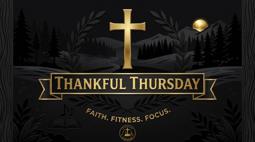 "A 16:9 landscape header graphic for 'Thankful Thursday' designed in a black and metallic gold theme inspired by the iChristian logo. The banner features 'THANKFUL THURSDAY' in gold serif text on a black ribbon outlined in gold, set against a dark silhouetted landscape with pine trees, rolling hills, and a glowing gold cross at the center. Accents include gold music notes, an open Bible outline, dark laurel branches, the tagline 'FAITH. FITNESS. FOCUS.', and the iChristian logo centered at the bottom."