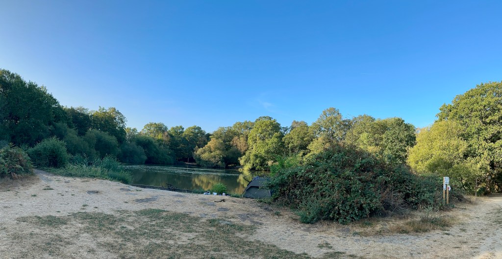 A panoramic landscape view of a calm, reflective pond framed by a dense tree line of lush green forest under a clear, bright blue sky. In the foreground, dry, light-brown sandy earth leads down to the water's edge. To the right of the water sits a small, dome-shaped dark green fishing tent tucked beside thick, overgrown green brambles and bushes. Fishing gear is subtle near the water's edge, and a wooden signpost marks a dirt path extending off to the right.