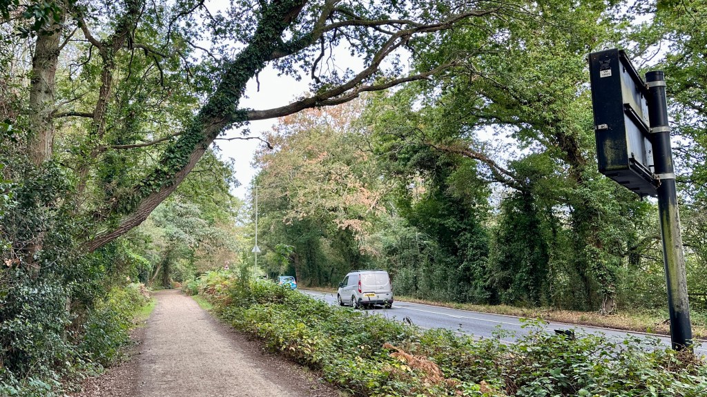 A outdoor daytime view showing a gravel pedestrian pathway running parallel to a paved asphalt road lined with dense trees and foliage. On the left, an unpaved, light-colored foot path stretches into the distance beneath a large, ivy-draped tree branch extending overhead. A silver van is driving down the road toward the center background, bordered by a green hedge separating the path from the street. On the far right foreground, a tall, black metal sign post with a mounted electronic or directional sign box stands near the roadside under the tree canopy.